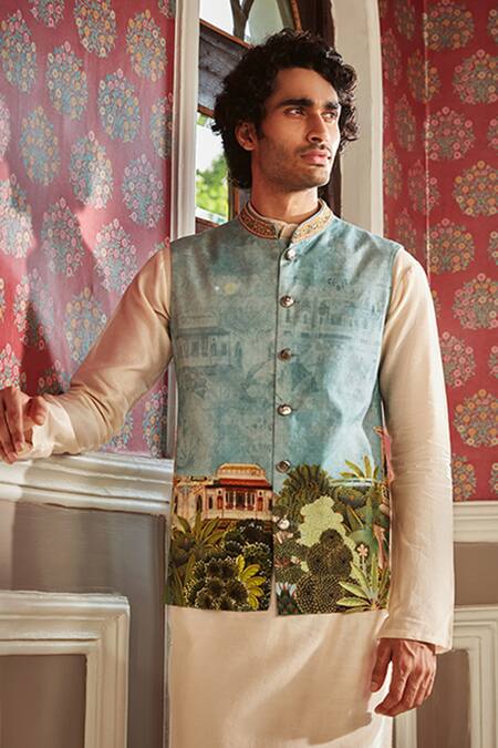 Kalista Blue Bundi Raw Silk, Kurta And Churidar Chanderi Miniature Naksh & Set Online at Aza Fashions Kalista_Blue Bundi Raw Silk, Kurta And Churidar Chanderi Miniature Naksh & Set _Online_at_Aza_Fashions