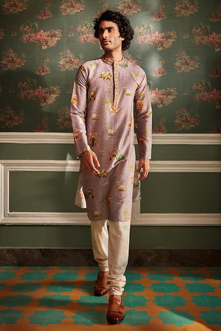 Kalista_Purple Chanderi Miniature Arnav Print Kurta Set _Online_at_Aza_Fashions