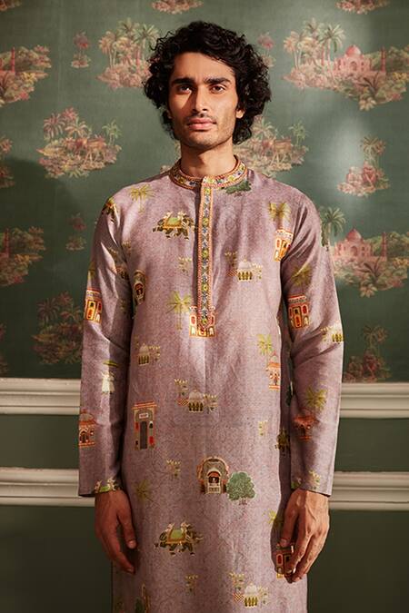 Buy_Kalista_Purple Chanderi Miniature Arnav Print Kurta Set _Online_at_Aza_Fashions