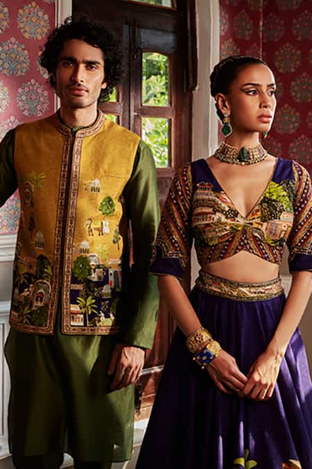 Kalista_Green Bundi Raw Silk, Kurta And Churidar Chanderi Miniature Divit & Set _Online_at_Aza_Fashions