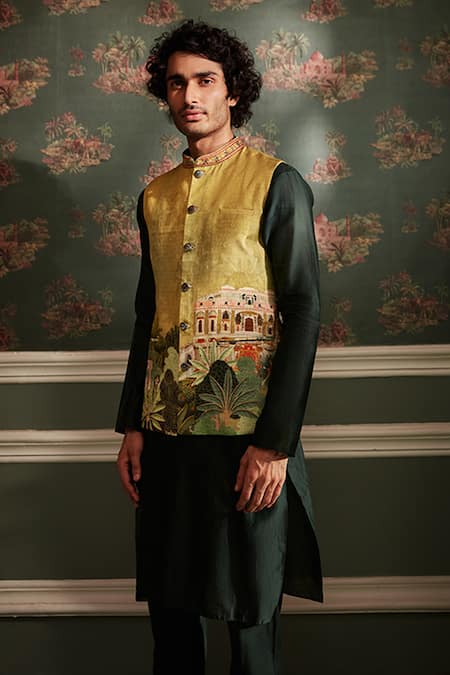 Buy_Kalista_Green Bundi Raw Silk, Kurta And Churidar Chanderi Miniature Divit & Set _Online_at_Aza_Fashions