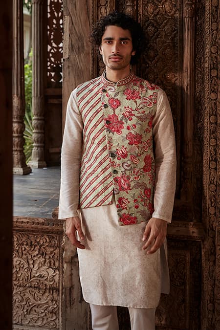 Buy_Kalista_Multi Color Bundi Raw Silk, Kurta And Churidar Chanderi Vivaan Print & Set _Online_at_Aza_Fashions