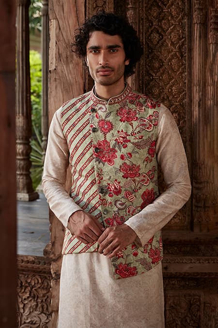 Shop_Kalista_Multi Color Bundi Raw Silk, Kurta And Churidar Chanderi Vivaan Print & Set _Online_at_Aza_Fashions