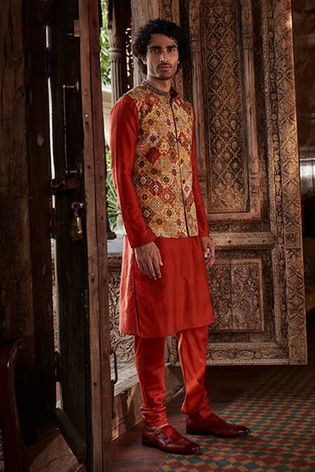 Kalista_Yellow Bundi Raw Silk, Kurta And Churidar Chanderi Persian Mihir Print & Set _Online_at_Aza_Fashions