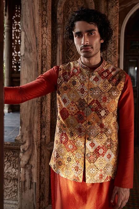 Buy_Kalista_Yellow Bundi Raw Silk, Kurta And Churidar Chanderi Persian Mihir Print & Set _Online_at_Aza_Fashions