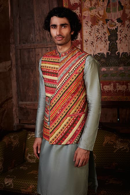 Kalista_Multi Color Bundi Raw Silk, Kurta And Churidar Chanderi Izhaan Printed & Set _Online_at_Aza_Fashions