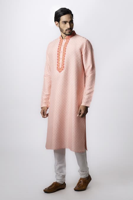 Krishna Mehta Pink Tussar Embroidered Floral Printed Kurta Set Online at Aza Fashions Krishna Mehta_Pink Tussar Embroidered Floral Printed Kurta Set _Online_at_Aza_Fashions