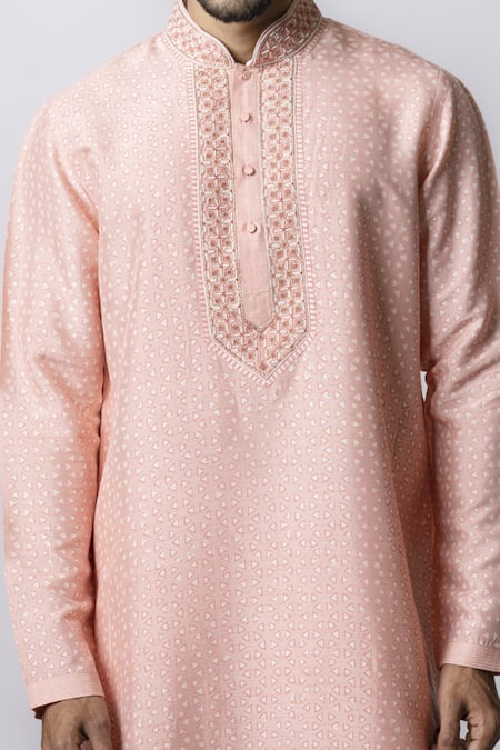 Buy Krishna Mehta Pink Tussar Embroidered Floral Geometric Print Kurta Set Online at Aza Fashions Buy_Krishna Mehta_Pink Tussar Embroidered Floral Geometric Print Kurta Set _Online_at_Aza_Fashions
