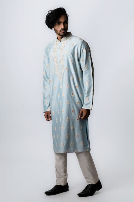 Krishna Mehta_Blue Viscose Cotton Floral, Pitta Embroidered Kurta Set _Online_at_Aza_Fashions