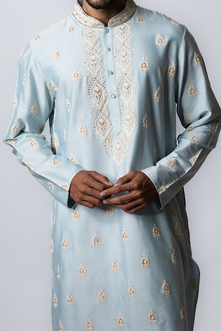 Buy_Krishna Mehta_Blue Viscose Cotton Floral, Pitta Embroidered Kurta Set _Online_at_Aza_Fashions