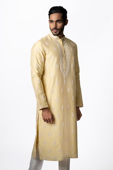 Krishna Mehta_Yellow Viscose Cotton Floral, Pitta Embroidered Kurta Set _Online_at_Aza_Fashions