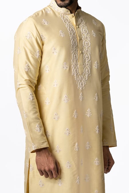 Buy_Krishna Mehta_Yellow Viscose Cotton Floral, Pitta Embroidered Kurta Set _Online_at_Aza_Fashions