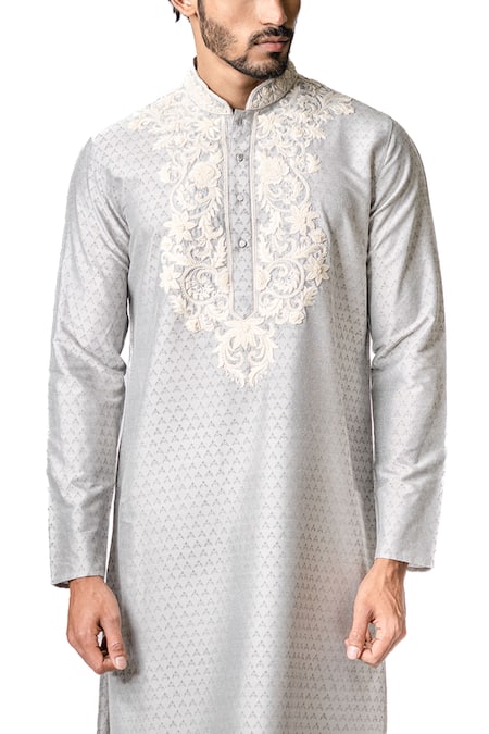 Buy_Krishna Mehta_Grey Viscose Cotton Floral, Lucknowi Print Kurta Set _Online_at_Aza_Fashions