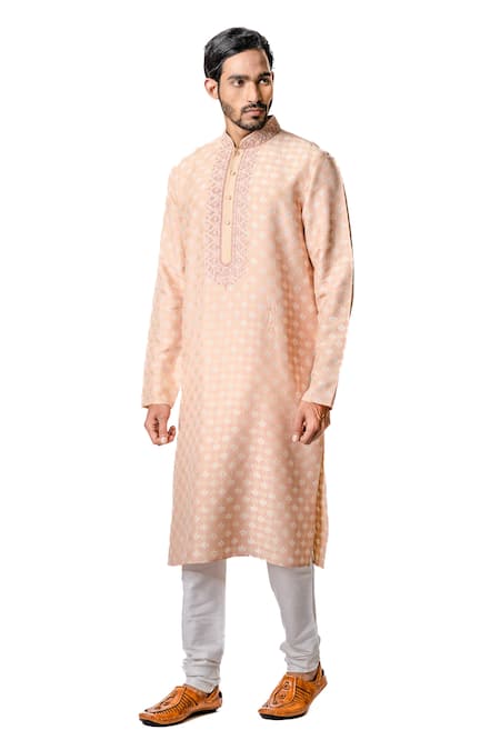 Krishna Mehta_Beige Tussar Floral, Zardozi Print Kurta Set _Online_at_Aza_Fashions