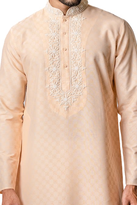 Buy_Krishna Mehta_Beige Tussar Floral, Zardozi Print Kurta Set _Online_at_Aza_Fashions