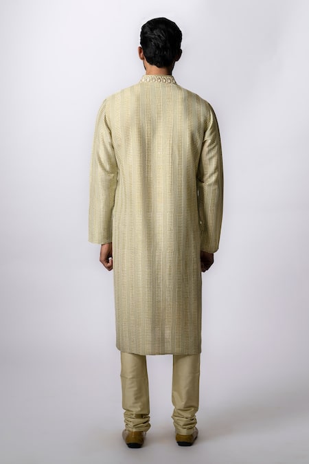 Shop Krishna Mehta Green Tussar Embroidered Polka Dot Print Kurta Set at Aza Fashions Shop_Krishna Mehta_Green Tussar Embroidered Polka Dot Print Kurta Set _at_Aza_Fashions