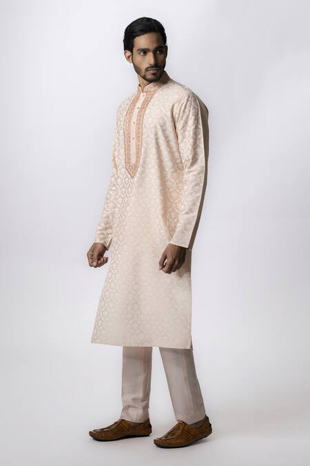 Krishna Mehta_Pink Viscose Cotton Floral, Gota Work, Zardozi Print Kurta Set _Online_at_Aza_Fashions