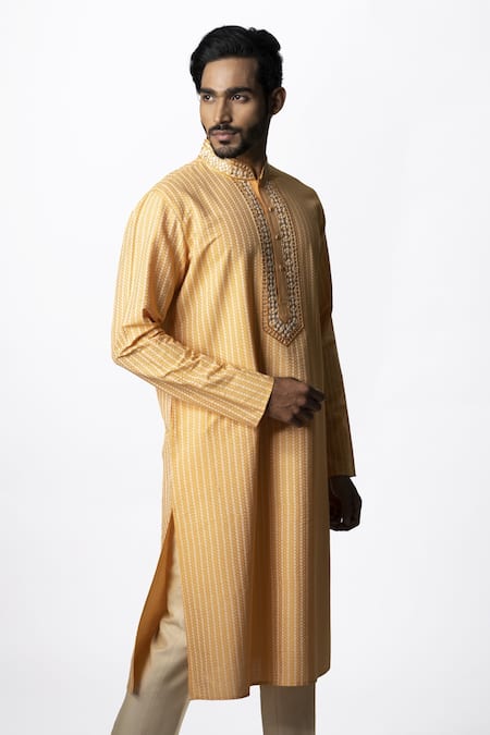 Krishna Mehta Yellow Viscose Cotton Geometric, Gota Work, Zardozi Print Kurta Set Online at Aza Fashions Krishna Mehta_Yellow Viscose Cotton Geometric, Gota Work, Zardozi Print Kurta Set _Online_at_Aza_Fashions