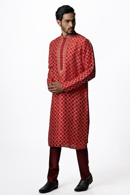 Krishna Mehta Red Tussar Geometric, Zardozi Print Kurta Set Online at Aza Fashions Krishna Mehta_Red Tussar Geometric, Zardozi Print Kurta Set _Online_at_Aza_Fashions