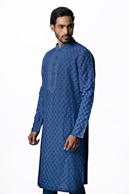 Krishna Mehta Blue Viscose Cotton Geometric, Zardozi Print Kurta Set Online at Aza Fashions Krishna Mehta_Blue Viscose Cotton Geometric, Zardozi Print Kurta Set _Online_at_Aza_Fashions