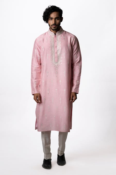 Krishna Mehta Pink Tussar Geometric, Mirror Print Kurta Set Online at Aza Fashions Krishna Mehta_Pink Tussar Geometric, Mirror Print Kurta Set _Online_at_Aza_Fashions