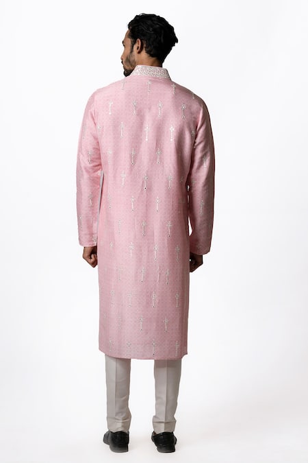 Shop Krishna Mehta Pink Tussar Geometric, Mirror Print Kurta Set Online at Aza Fashions Shop_Krishna Mehta_Pink Tussar Geometric, Mirror Print Kurta Set _Online_at_Aza_Fashions