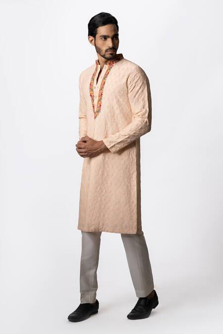 Krishna Mehta Peach Viscose Cotton Floral, Zardozi Embroidered Kurta Set Online at Aza Fashions Krishna Mehta_Peach Viscose Cotton Floral, Zardozi Embroidered Kurta Set _Online_at_Aza_Fashions