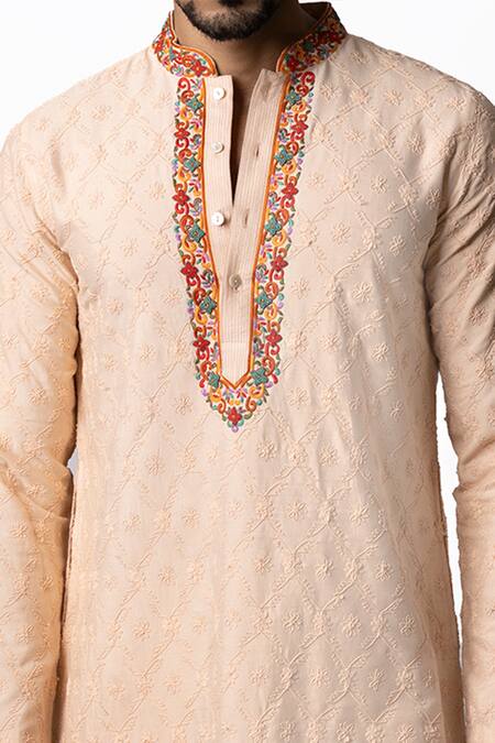 Buy Krishna Mehta Peach Viscose Cotton Floral, Zardozi Embroidered Kurta Set Online at Aza Fashions Buy_Krishna Mehta_Peach Viscose Cotton Floral, Zardozi Embroidered Kurta Set _Online_at_Aza_Fashions