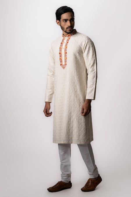 Krishna Mehta_White Viscose Cotton Embroidered Floral Kurta Set _Online_at_Aza_Fashions