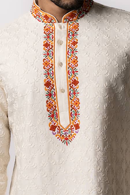 Buy_Krishna Mehta_White Viscose Cotton Embroidered Floral Kurta Set _Online_at_Aza_Fashions