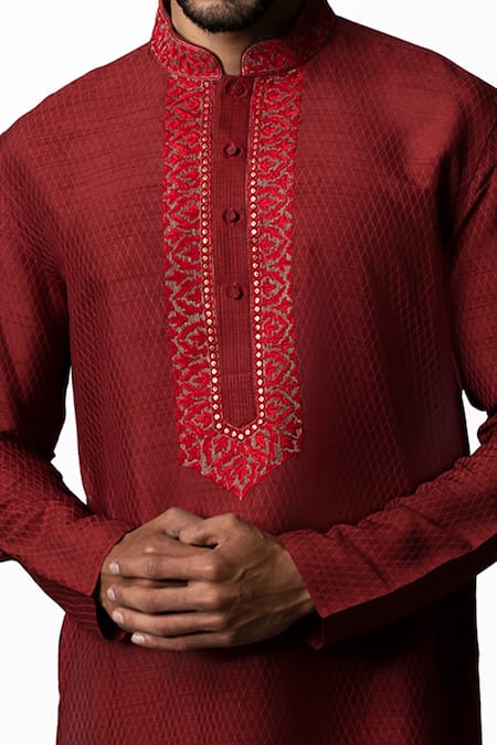 Buy Krishna Mehta Maroon Viscose Cotton Checkered Print Kurta Set Online at Aza Fashions Buy_Krishna Mehta_Maroon Viscose Cotton Checkered Print Kurta Set _Online_at_Aza_Fashions