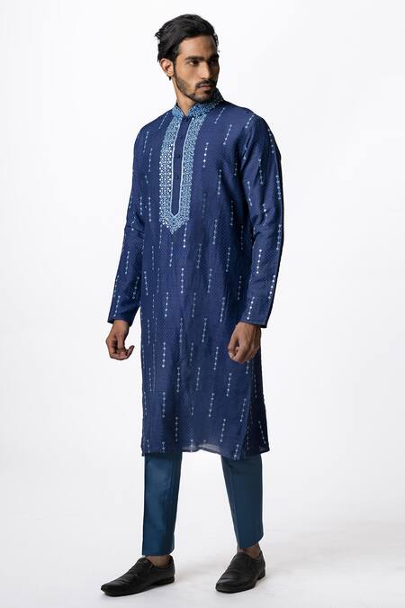 Krishna Mehta Blue Tussar Checkered Print Kurta Set Online at Aza Fashions Krishna Mehta_Blue Tussar Checkered Print Kurta Set _Online_at_Aza_Fashions