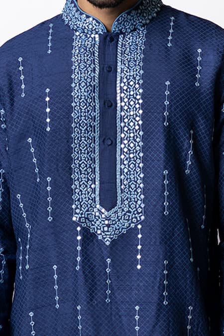 Buy Krishna Mehta Blue Tussar Checkered Print Kurta Set Online at Aza Fashions Buy_Krishna Mehta_Blue Tussar Checkered Print Kurta Set _Online_at_Aza_Fashions