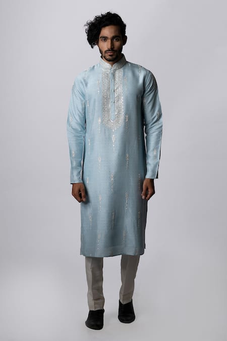 Krishna Mehta Blue Tussar Geometric, Mirror Print Kurta Set Online at Aza Fashions Krishna Mehta_Blue Tussar Geometric, Mirror Print Kurta Set _Online_at_Aza_Fashions