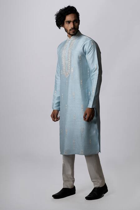 Buy Krishna Mehta Blue Tussar Geometric, Mirror Print Kurta Set Online at Aza Fashions Buy_Krishna Mehta_Blue Tussar Geometric, Mirror Print Kurta Set _Online_at_Aza_Fashions