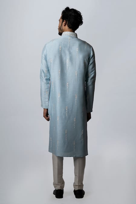 Shop Krishna Mehta Blue Tussar Geometric, Mirror Print Kurta Set Online at Aza Fashions Shop_Krishna Mehta_Blue Tussar Geometric, Mirror Print Kurta Set _Online_at_Aza_Fashions