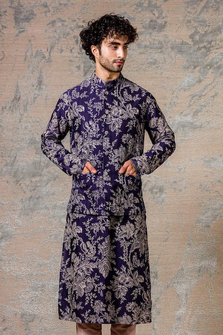 Devnaagri Blue Cotton Silk Blend Printed Bundi And Kurta Set 