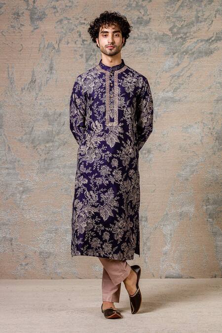 Devnaagri_Blue Cotton Silk Blend Printed Bundi And Kurta Set_Online_at_Aza_Fashions