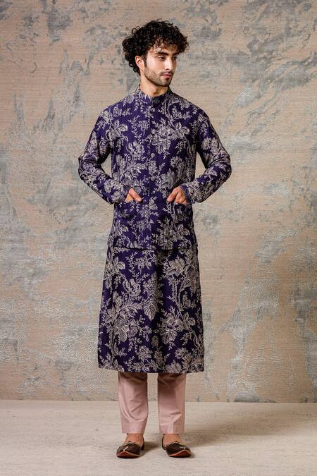 Buy_Devnaagri_Blue Cotton Silk Blend Printed Bundi And Kurta Set_Online_at_Aza_Fashions