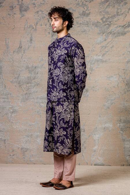 Shop_Devnaagri_Blue Cotton Silk Blend Printed Bundi And Kurta Set_Online_at_Aza_Fashions