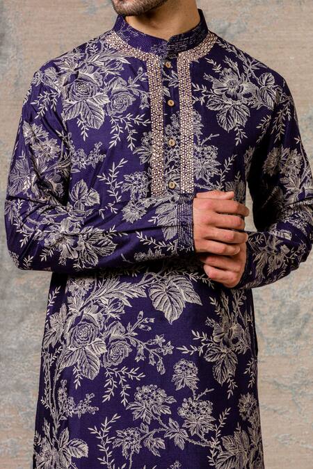 Devnaagri_Blue Cotton Silk Blend Printed Bundi And Kurta Set_at_Aza_Fashions