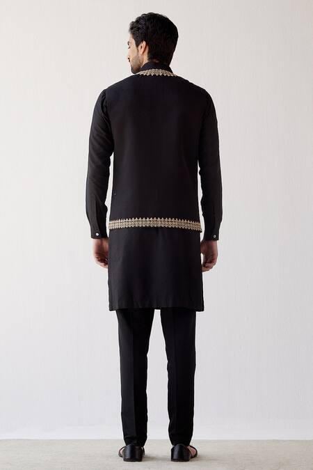 Shop_Devnaagri_Black Cotton Silk And Linen Satin Embroidered Dori Bundi & Kurta Set _at_Aza_Fashions