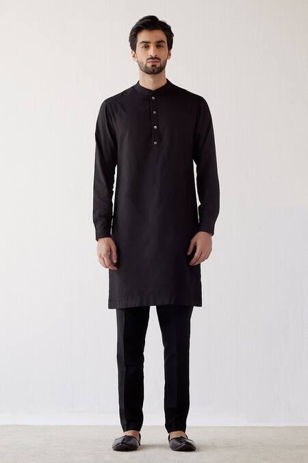 Devnaagri_Black Cotton Silk And Linen Satin Embroidered Dori Bundi & Kurta Set _Online_at_Aza_Fashions