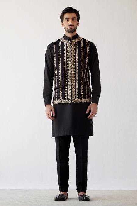 Buy_Devnaagri_Black Cotton Silk And Linen Satin Embroidered Dori Bundi & Kurta Set _Online_at_Aza_Fashions