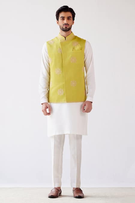 Devnaagri_Green Cotton Silk And Linen Satin Dori Embrioidered Bundi & Kurta Set _Online_at_Aza_Fashions