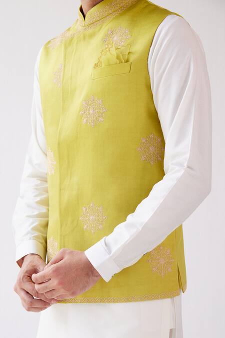 Buy_Devnaagri_Green Cotton Silk And Linen Satin Dori Embrioidered Bundi & Kurta Set _Online_at_Aza_Fashions