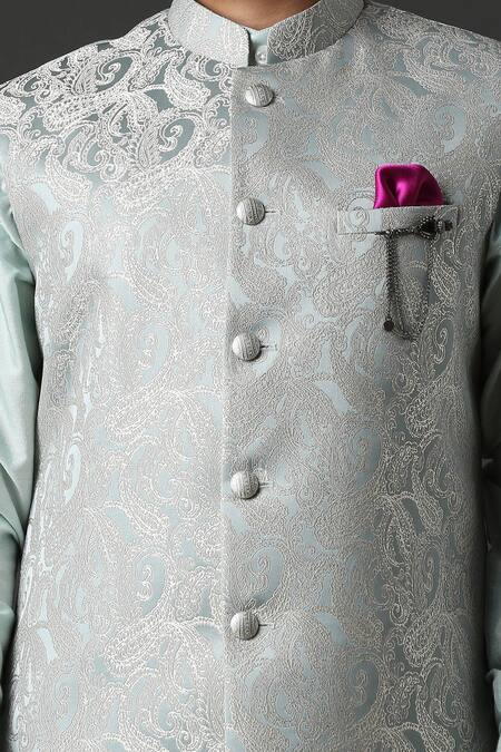 Minaki_Blue Polyester Silk Printed Bundi And Kurta Set _Online_at_Aza_Fashions