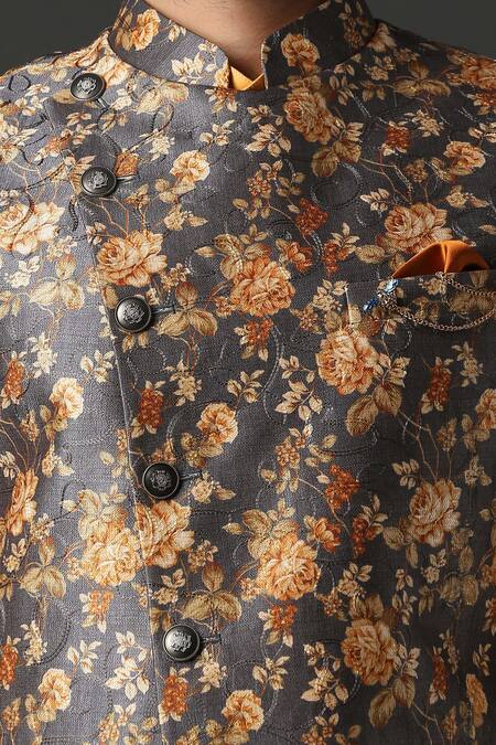 Buy_Minaki_Yellow Polyester Silk Printed Bundi And Kurta Set _Online_at_Aza_Fashions