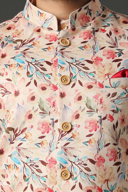 Shop_Minaki_Peach Printed Bundi And Kurta Set _Online_at_Aza_Fashions