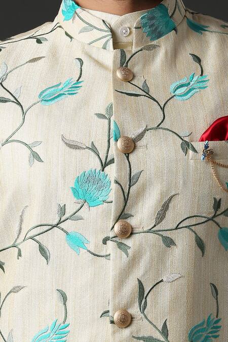 Buy_Minaki_White Polyester Silk Printed Bundi And Kurta Set_Online_at_Aza_Fashions